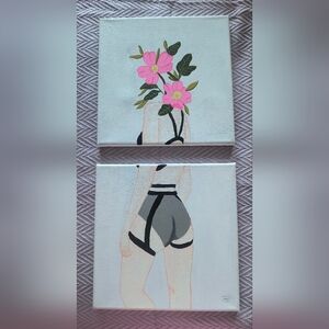 Floral Art Canvas Set with Pink and Gray Accents